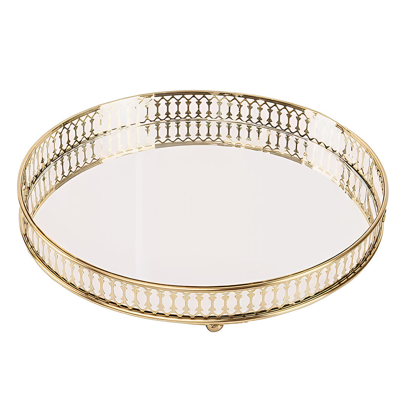 ANYHOUZ 31.5cm Gold Round Glass Mirror Base Metal Vanity Food Serving Organisr Jewelry Cosmetics Storage Tray with Handle