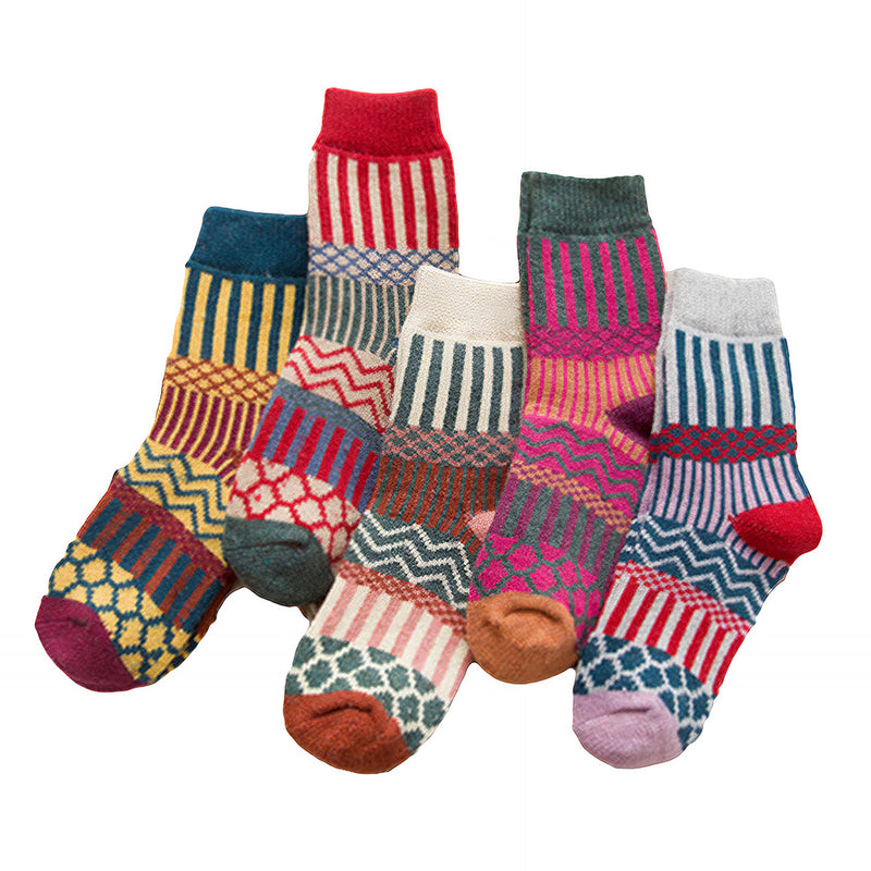 Anyfootwear 5 Pairs One Size 5-9 Multicolor Winter Thick Warm Wool Socks With Colorful Fashionable And Casual Euramerican National Wind-Flowers Sock