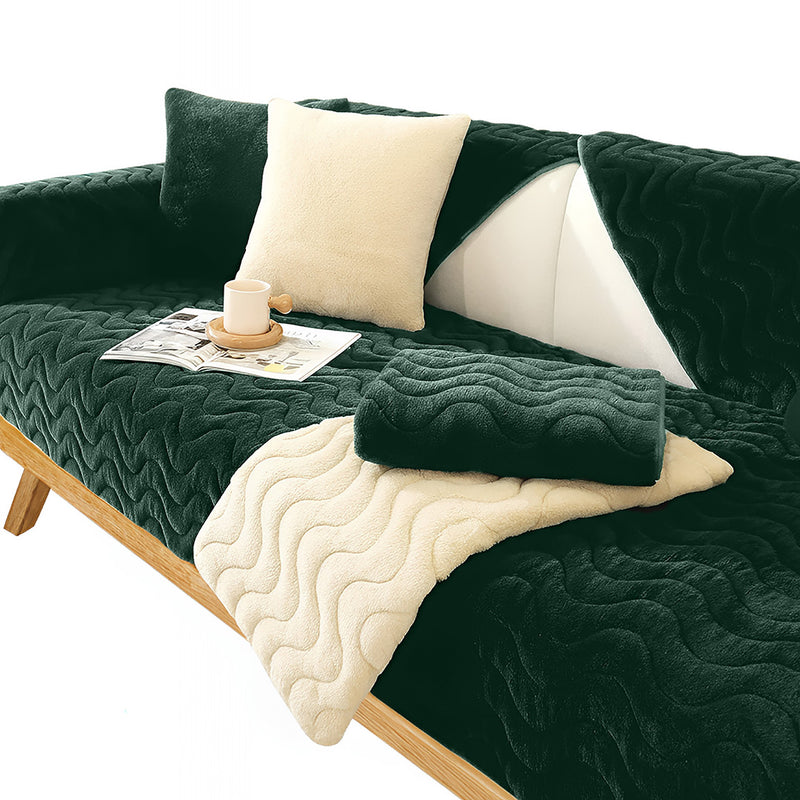Anyseat Sofa Towel Super Soft Wave Dark Green Rabbit Plush Quilted Couch Cover L-shaped Sectional Anti-slip Sofa Cover