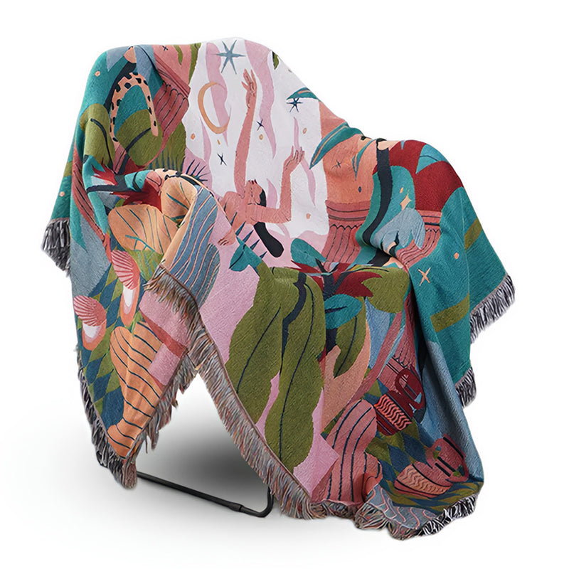 Anycozy Blue Forest Dancer Throw Blanket – Soft Faux Cashmere Sofa & Bed Cover with Tassels
