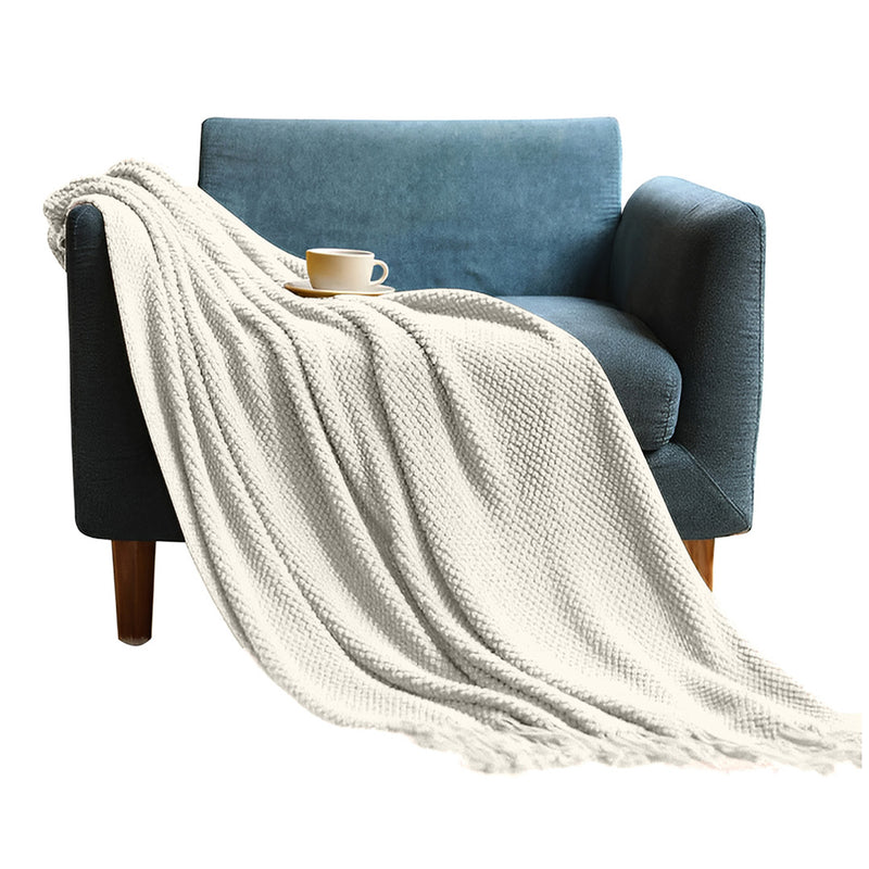 Anycozy White Knitted Waffle Throw Blanket – Soft Tassel Sofa & Bed Cover