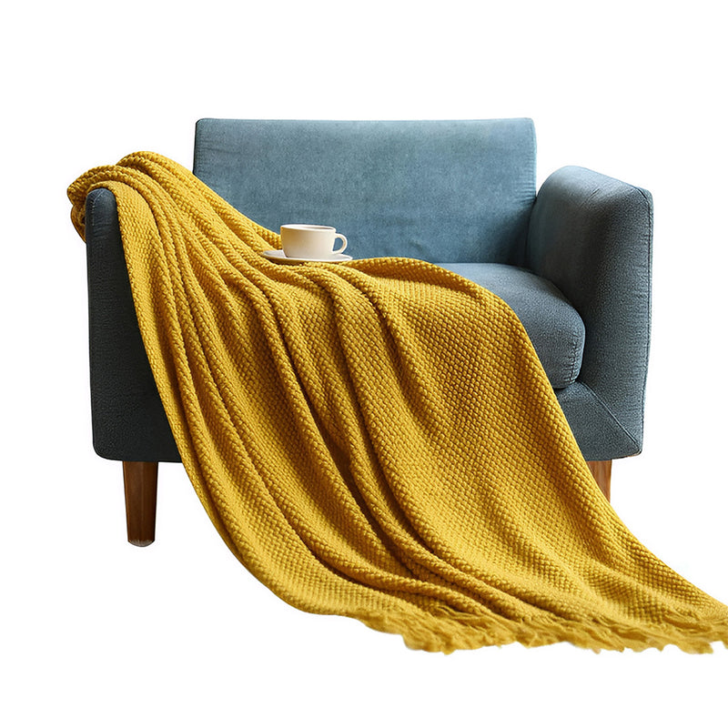 Anycozy Yellow Knitted Waffle Throw Blanket Tassel 130x230cm