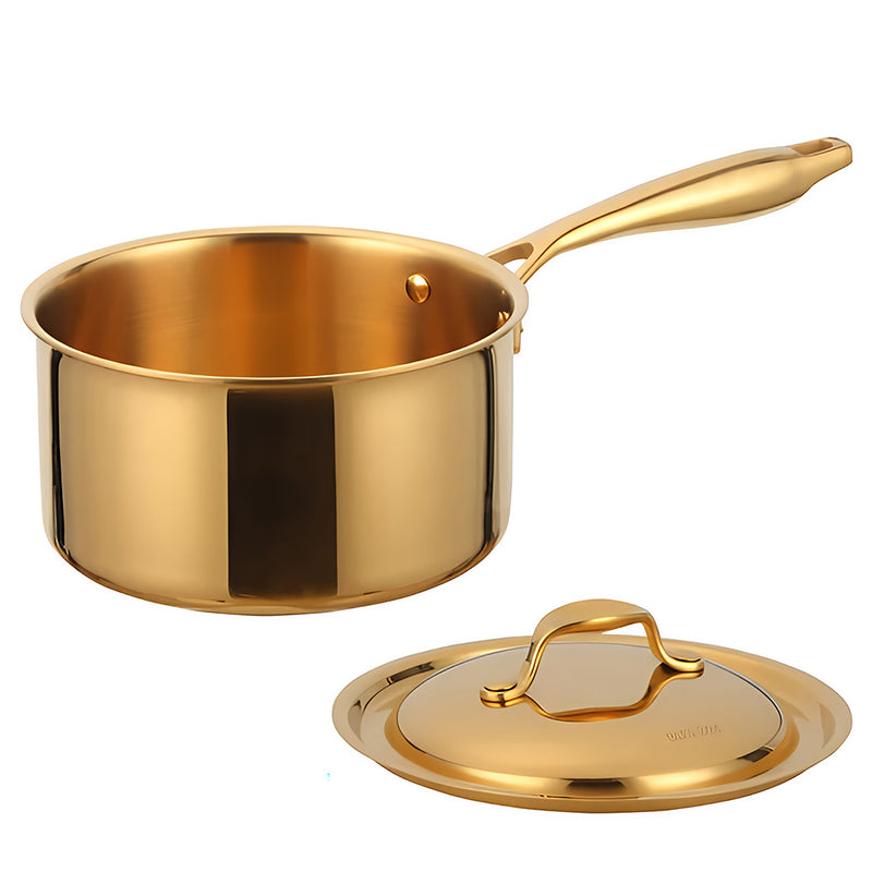 Anygleam Gold 304 Stainless Steel Saucepan – Small Milk & Soup Pot with Lid, Long Handle, Thickened Base, Induction Compatible Dormitory Cookware