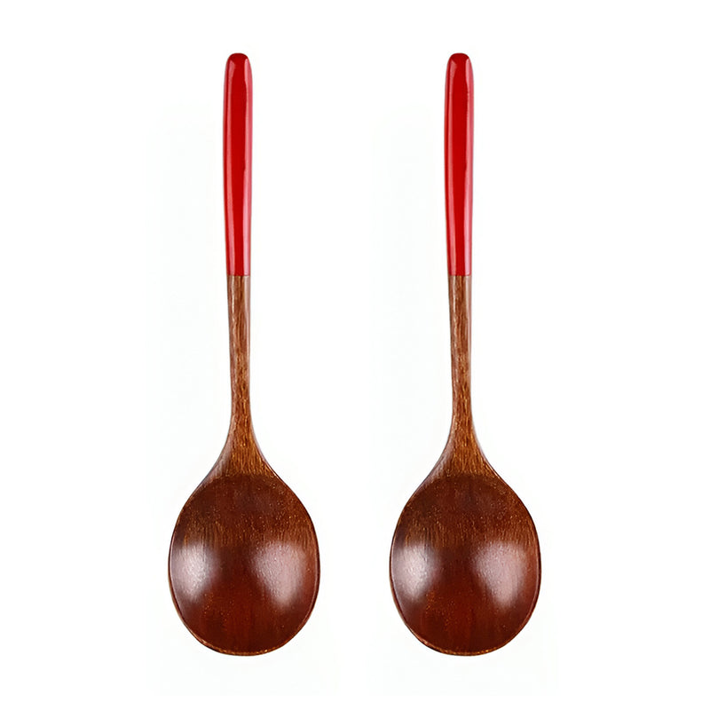 Anygleam Brown Red 2pcs Wooden Ramen Spoon Long Kitchen Tableware
