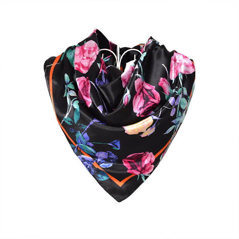 Anyyou Scarf for Women Black Pink Floral Printed Satin Silk Shawl Fashion Accessories Chain Flowers Pattern Autumn Winter Scarves