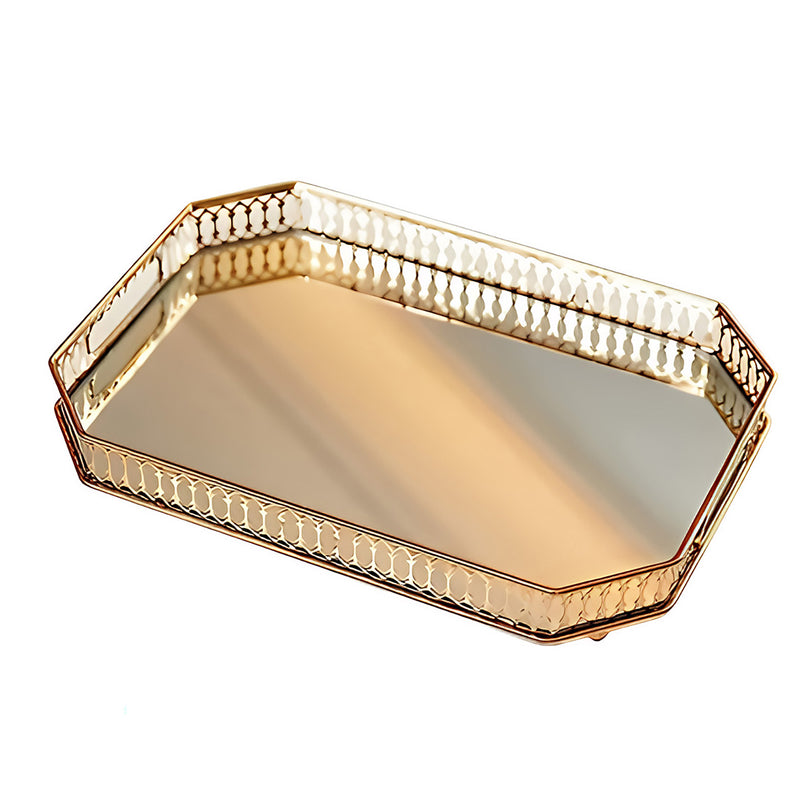 ANYHOUZ 35cm Gold Rectangle Glass Mirror Base Metal Vanity Food Serving Organisr Jewelry Cosmetics Storage Tray with Handle