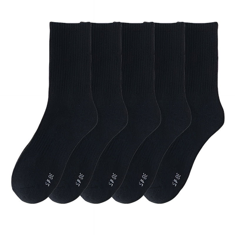 Anyfootwear 5 Pairs Size 10-14 Fashion Socks High Quality Office Sports Business Long Socks Cotton Solid Colors Skateboard Knitted Casual Black Size 43-48