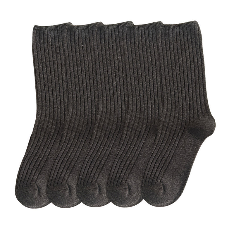 Anyfootwear 5 Pairs One Size 36-43 Gray Retro Long Knitted Socks Cotton Autumn Winter Solid Color Women Student Girls