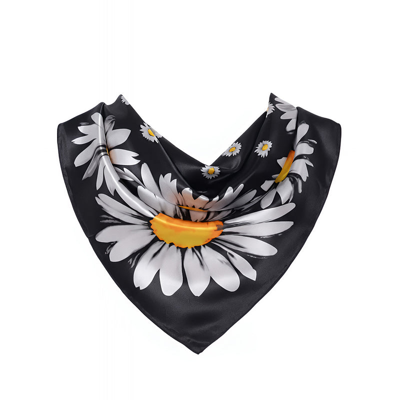 Anyyou Scarf for Women Daisy Black Floral Printed Square Silk Shawl For Summer Spring And Fall