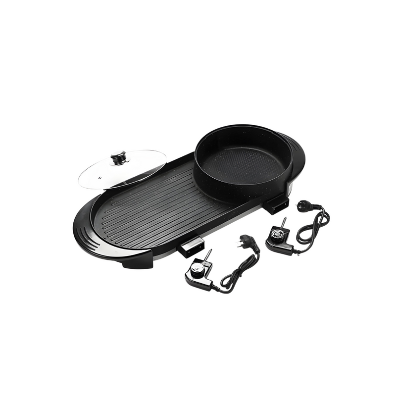 2 in 1 Electric Non-Stick BBQ Teppanyaki Grill Plate Steamboat Hotpot 2-8 Person