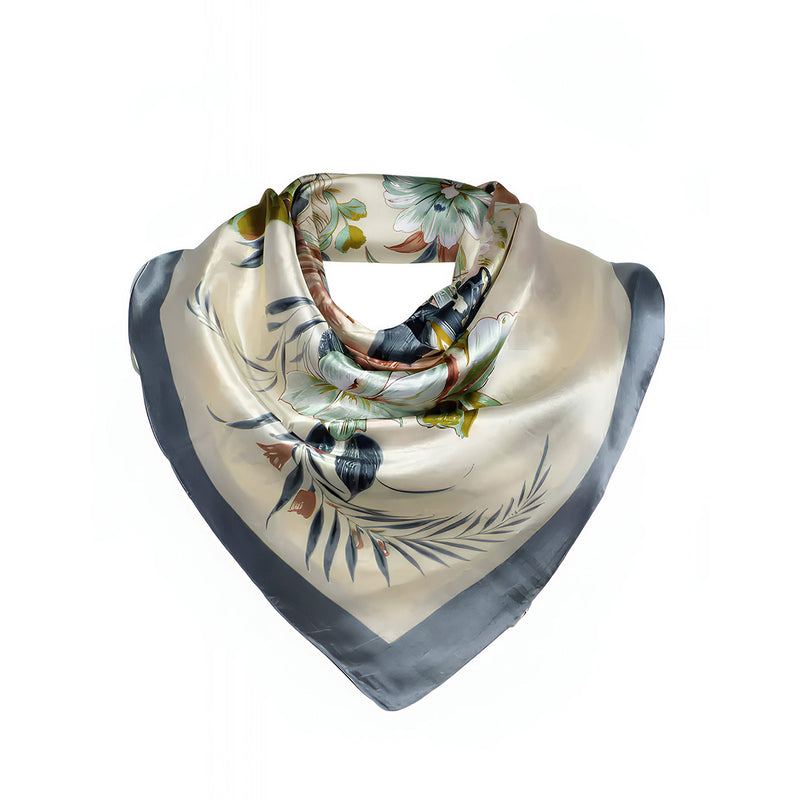 Anyyou Scarf for Women Floral Grey Beige Print Square Silk Shawl For Summer Spring And Fall