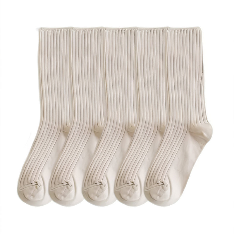 Anyfootwear  5 Pairs One Size 36-43  Beige Retro Long Knitted Socks Cotton Autumn Winter Solid Color Women Student Girls