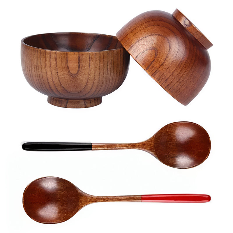 Anygleam Brown 4pcs Wooden Bowl Spoon Set Kitchen Tableware