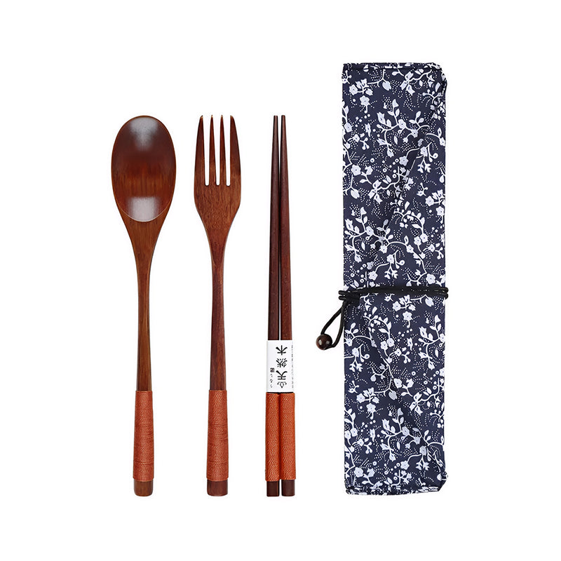 Anygleam 3pcs Orange Blue Pouch Set – Wooden Spoon Fork Chopsticks