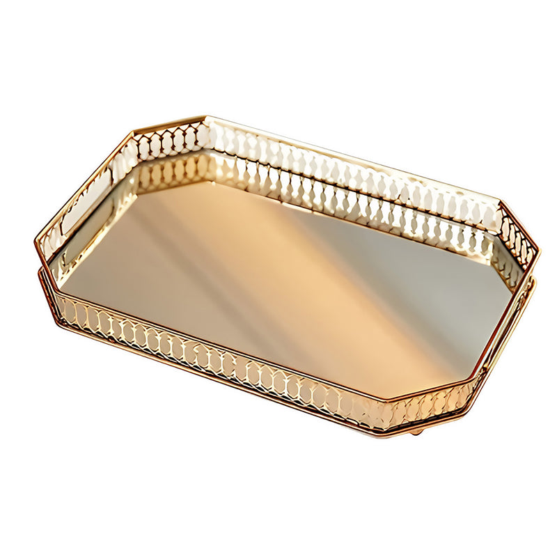 ANYHOUZ  29cm Gold Rectangle Glass Mirror Base Metal Vanity Food Serving Organisr Jewelry Cosmetics Storage Tray with Handle