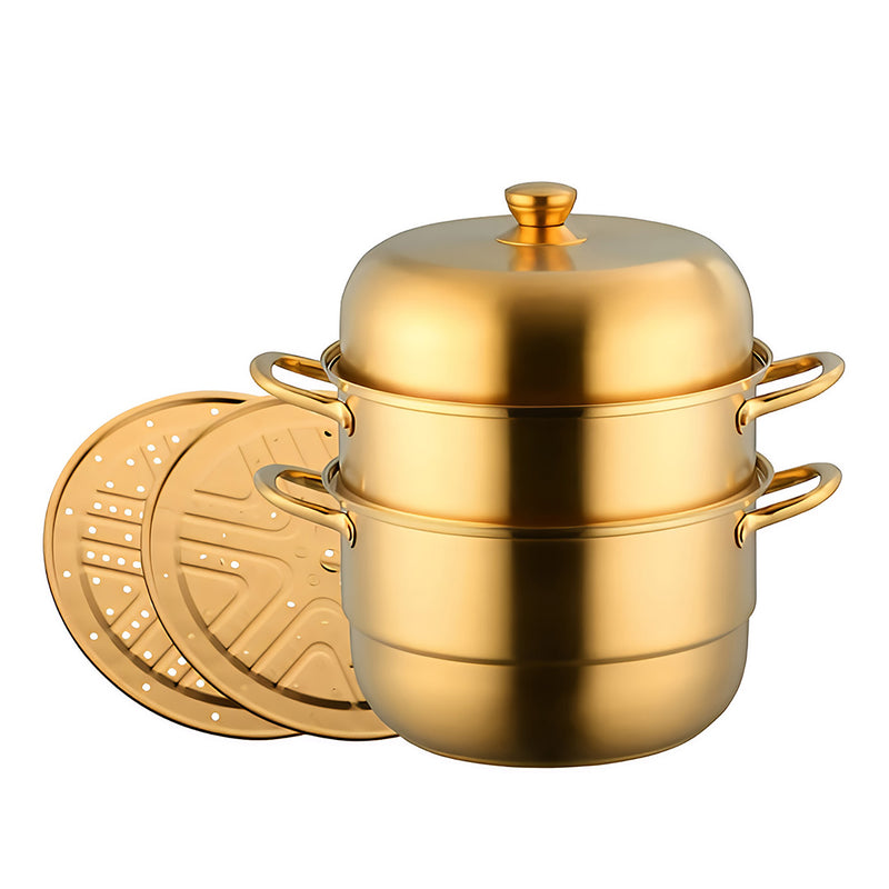 Anygleam Food Steamer Gold Three Layer Thick Stainless Steel Universal Cooking for Induction Cooker Gas Stove Steam Pot