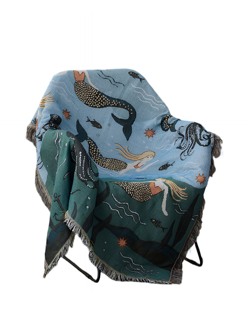 Anycozy Throw Blanket Blue Faux Cashmere Sofa Cover Mermaid Pattern Tassel Soft Picnic Camping Mat 160*260cm