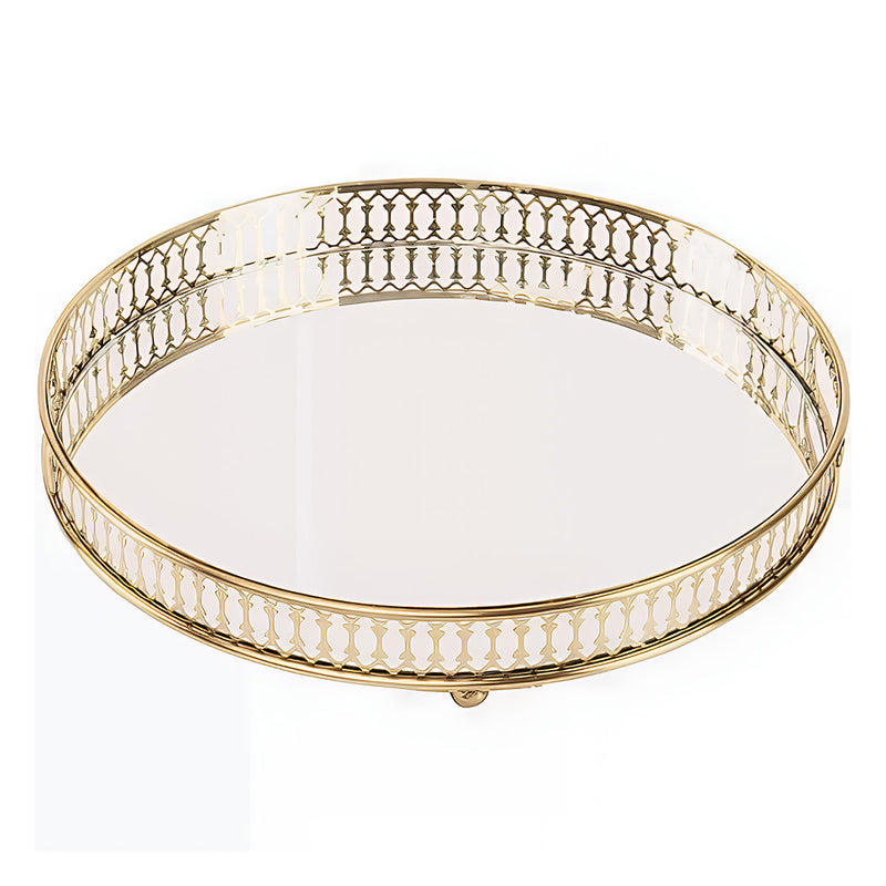 ANYHOUZ 25cm Gold Round Glass Mirror Base Metal Vanity Food Serving Organizer Jewelry Cosmetics Storage Tray with Handle