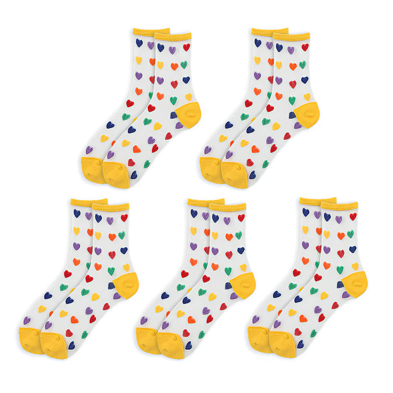 Anyfootwear 5 Pairs Yellow Size 5-9 Heart Tull Glass Silk Design With Transparent Thin Mesh Color full Nylon Socks For Ladies
