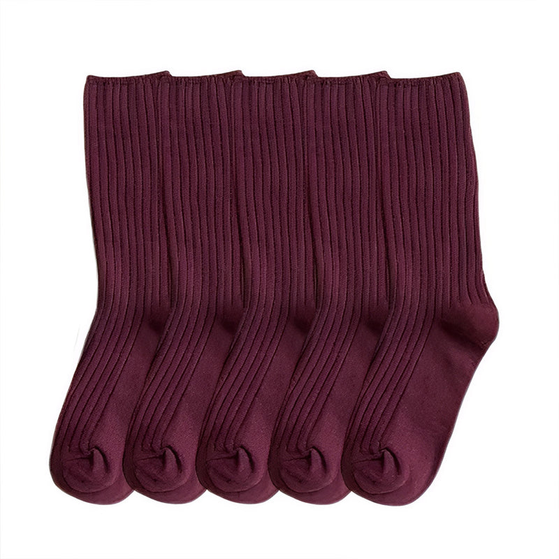 Anyfootwear 5 Pairs One Size 36-43 Purple Retro Long Knitted Socks Cotton Autumn Winter Solid Color Women Student Girls