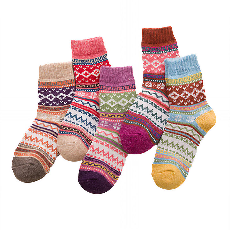 Anyfootwear 5 Pairs Winter Thick Warm Wool Socks – Mix Color Warm & Casual National Wind-Flowers Socks Size 5–9