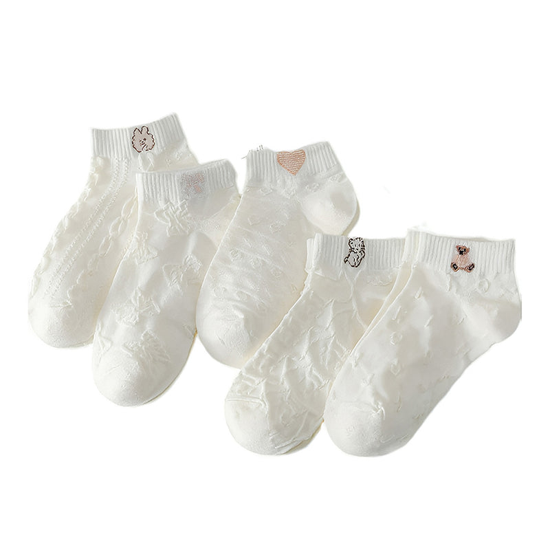 Anyfootwear 5 Pairs One Size 35-40 Women Socks Summer Cute Cartoon Animal Rabbit Bear Cat Ribbon Heart Print White Female Casual Random Socks