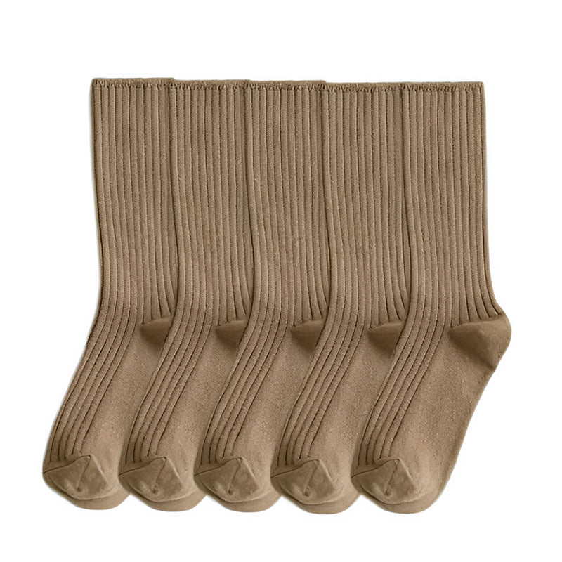 Anyfootwear 5 Pairs One Size 36-43 Khaki Retro Long Knitted Socks Cotton Autumn Winter Solid Color Women Student Girls