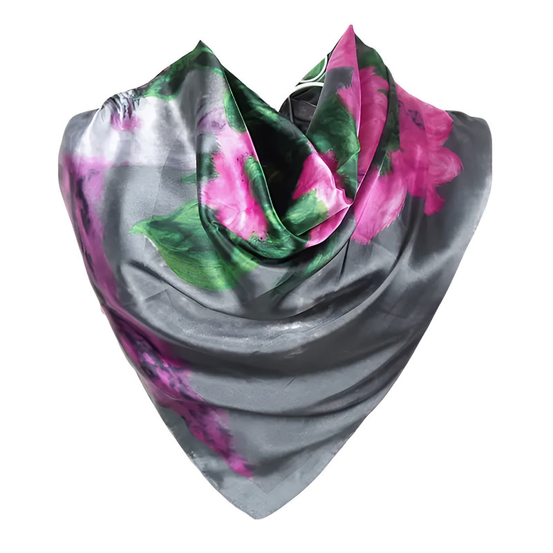 Anyyou Fashion Premium Satin Square Scarf – Grey Pink Satin Print Silk-Feel Neckwrap for Women