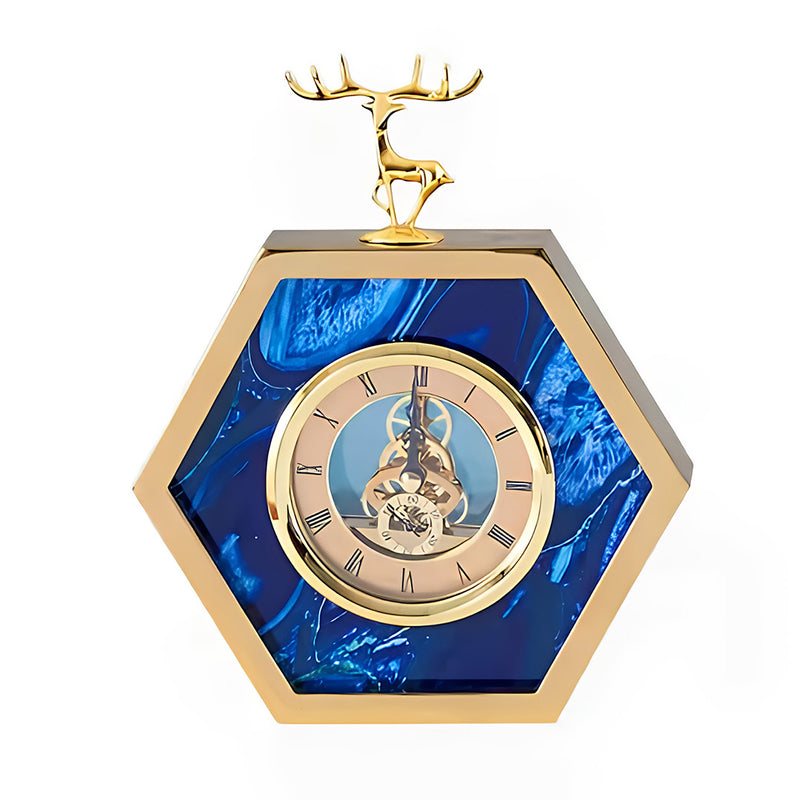 ANYHOUZ 23cm Hexagon Gold Desk Clock with Deer Head Tabletop Home Decor Modern Art Living Room Display House Decorative Crafts Metal Ornaments