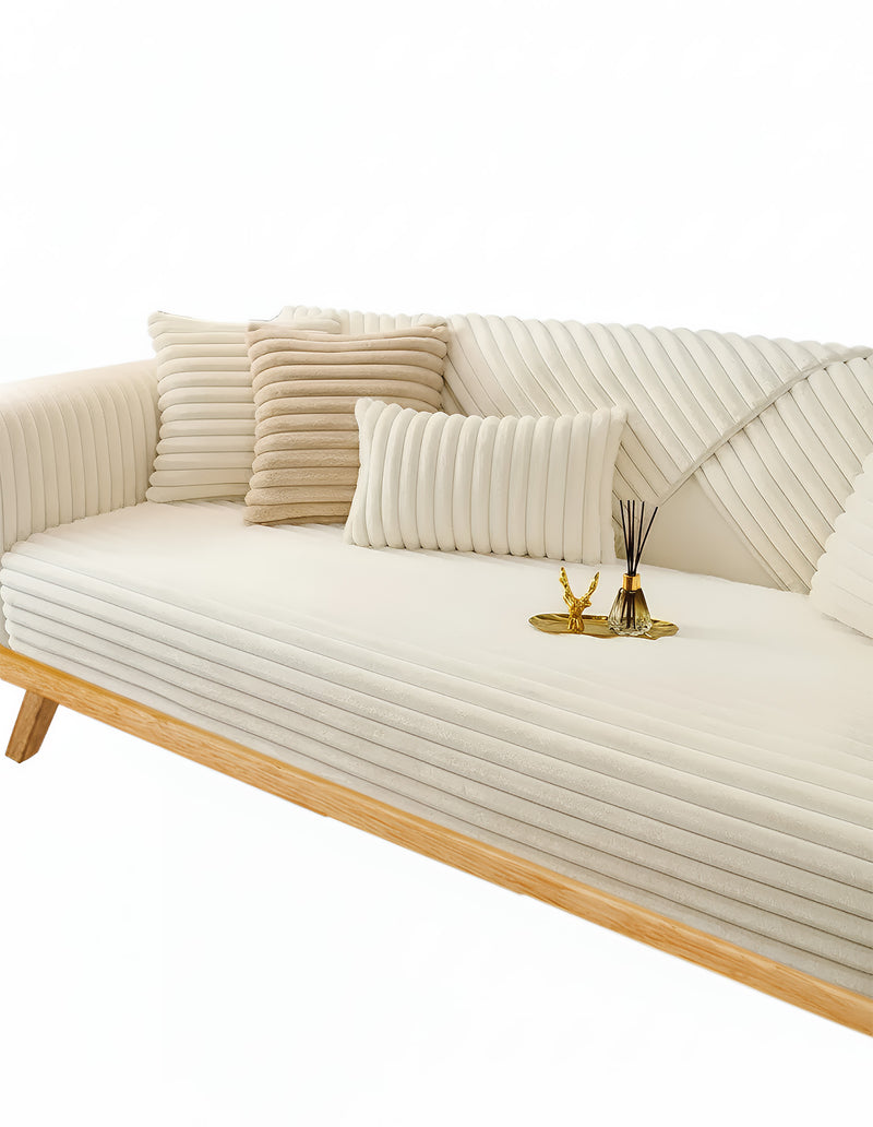 Anyseat Sofa Towel Super Soft Linear Beige Rabbit Plush Quilted Couch Cover L-shaped Sectional Anti-slip Sofa Cover