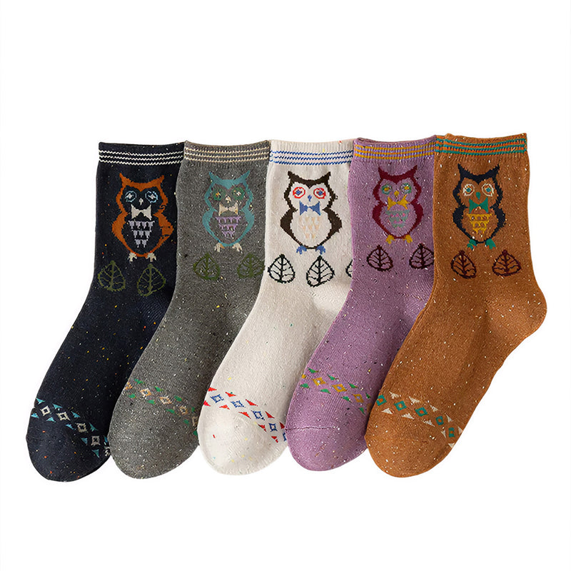Anyfootwear 5 Pairs Size 35-40 Mixed Color Owl Cartoon Fashion Socks High Quality Woollen Stockings Foot Wear