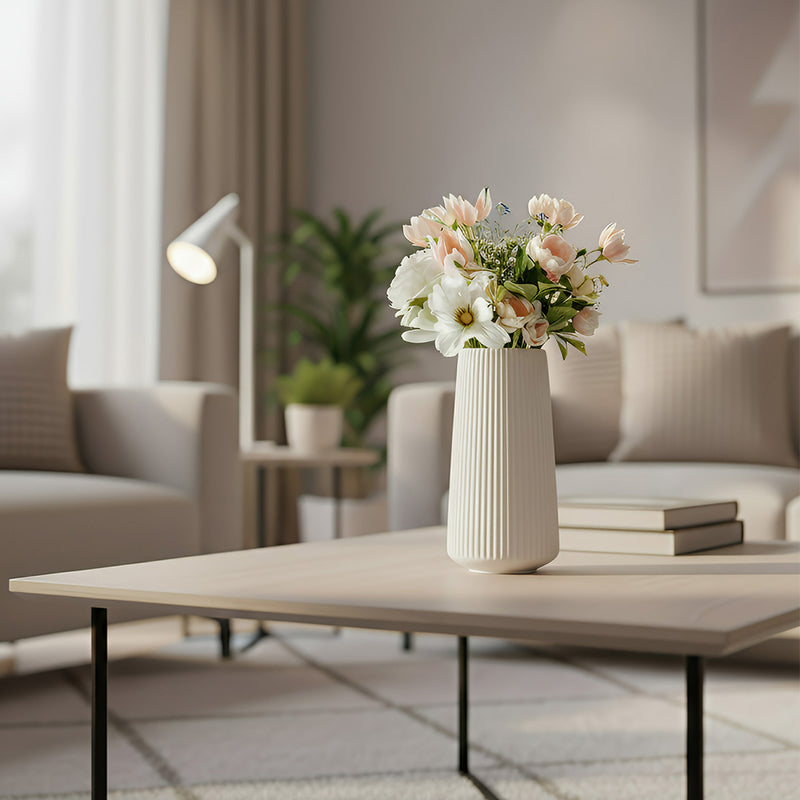 ANYDECO Flower Vase White Large Ribbed Nordic Style Pot Living Room Decor