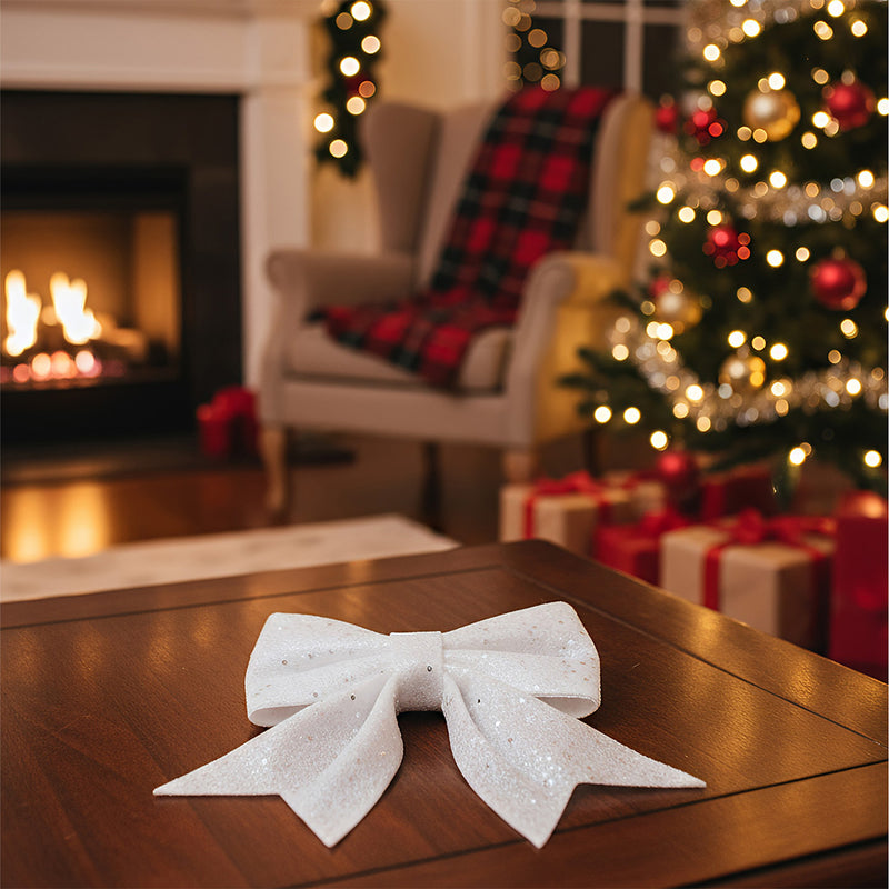 ANYDECO Christmas Bow White Glitter Hanging Decorative Ornaments