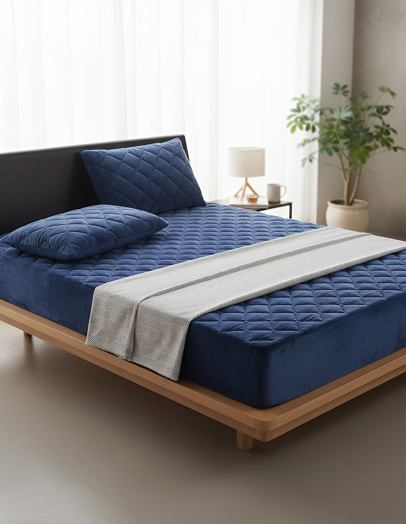 Anycozy Mattress Cover Navy Blue Queen Size Crystal Velvet Thicken Quilted Warm Soft Plush Bed Sheet