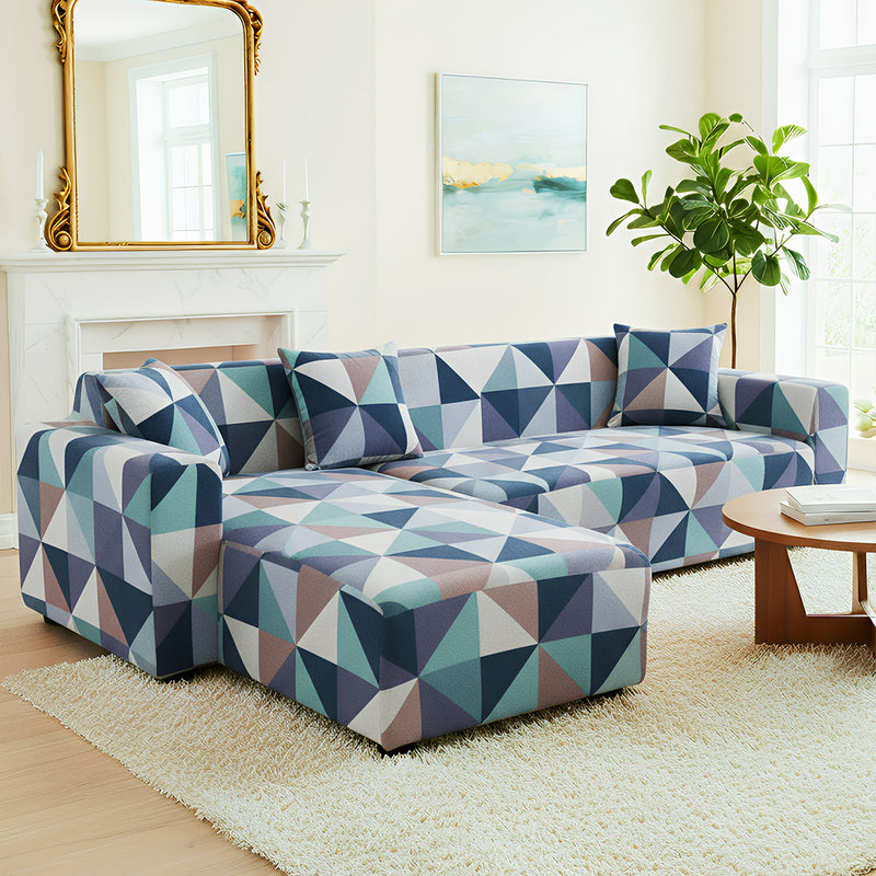 Anyseat 4-Seater Sofa Cover – Blue White Geometric Style Slipcover for Living Room Chair Protection