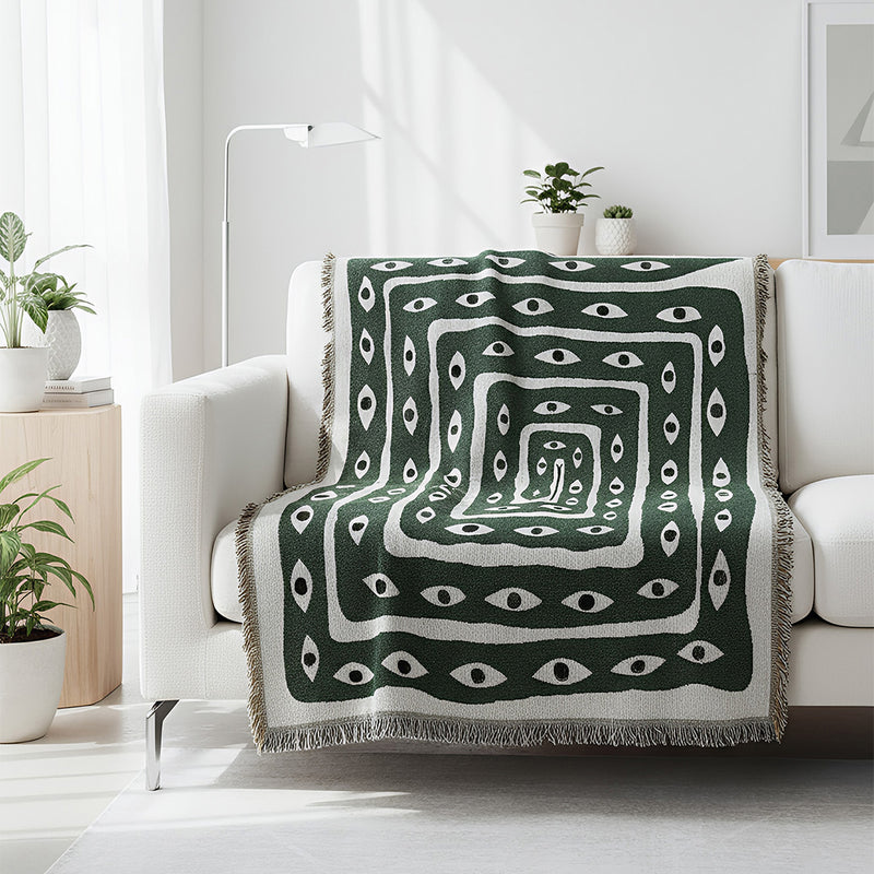 Anycozy Green Eye Snake Knitted Waffle Throw Blanket – Soft Tassel Sofa & Bed Cover