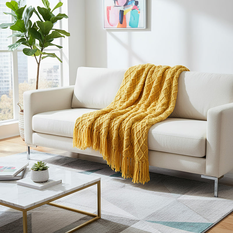 Anycozy Yellow Faux Cashmere Throw Blanket Nordic Knit Plaid – Soft Warm Decorative Couch & Bed Cover