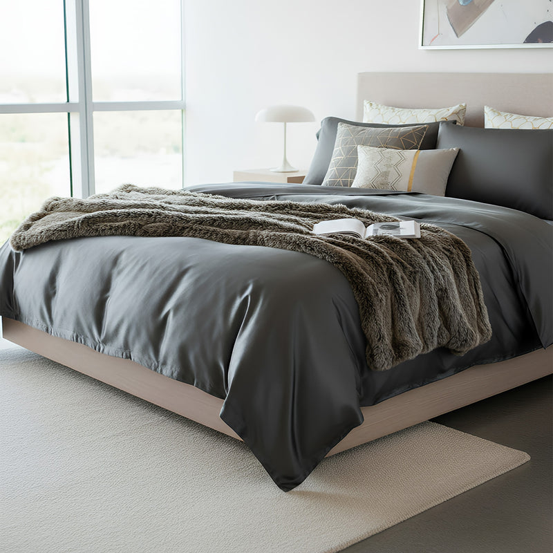 Anycozy Bed Sheet Deep Grey Light Grey Ultra Soft Luxury Egyptian Cotton Bedding Cover UK King Size 4 Pcs Bed Set