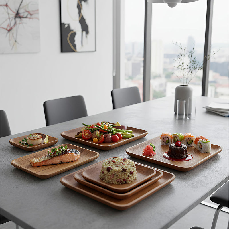 Anygleam Brown 6pcs Acacia Wood Plate Food Kitchen Tableware