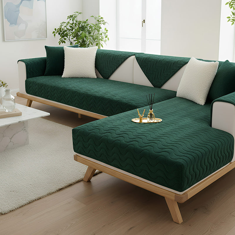 Anyseat Sofa Towel Super Soft Wave Dark Green Rabbit Plush Quilted Couch Cover L-shaped Sectional Anti-slip Sofa Cover