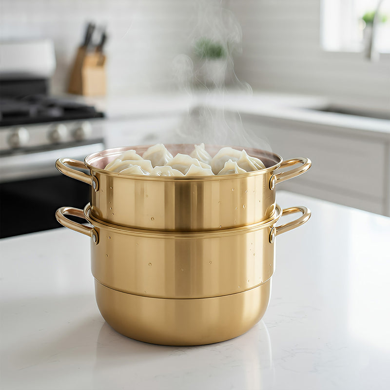 Anygleam Food Steamer Gold Three Layer Thick Stainless Steel Universal Cooking for Induction Cooker Gas Stove Steam Pot
