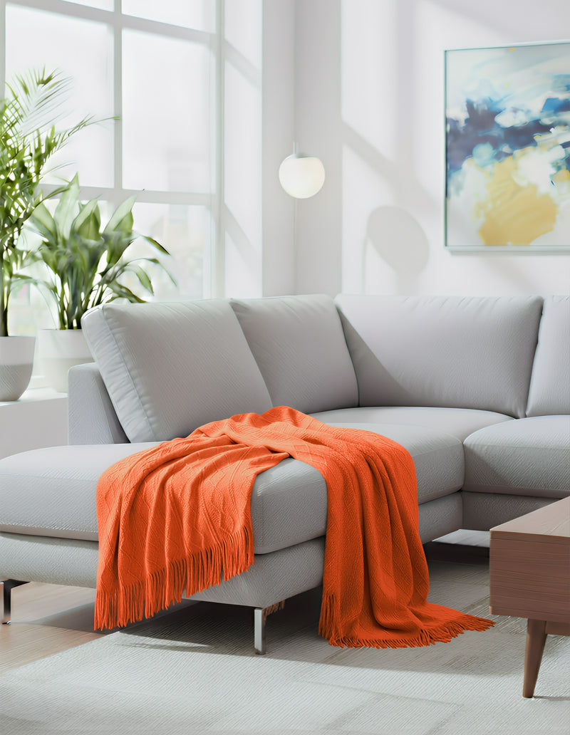 Anycozy Orange Faux Cashmere Throw Blanket Diamond Knit 130x230cm