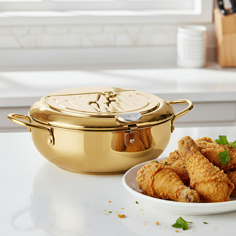 Frying Pan Gold Stainless Steel Thermometer Kitchen Utensils Tempura Fryer Pan Temperature Control Fried Cooking Tools