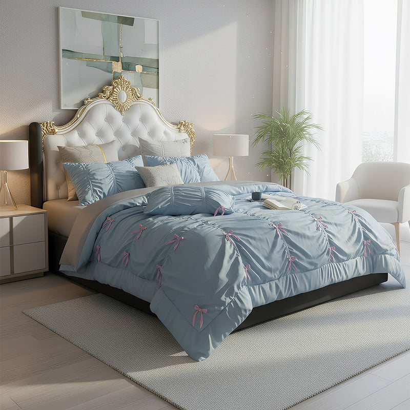 Anycozy Bedding Set Light Blue Ruffle Pleated Duvet Cover Flat Bed Sheet and Pillowcases Bedroom Decor