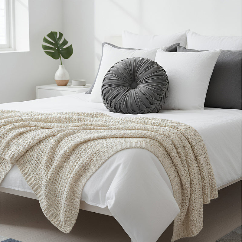 ANYHOUZ Round Pleated Velvet Pillow Soft Cushion Fill