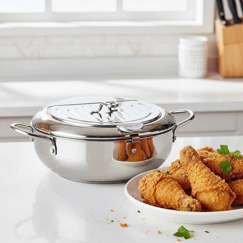Anygleam Frying Pan Silver Stainless Steel Thermometer Kitchen Utensils Tempura Fryer Pan Temperature Control Fried Cooking Tools