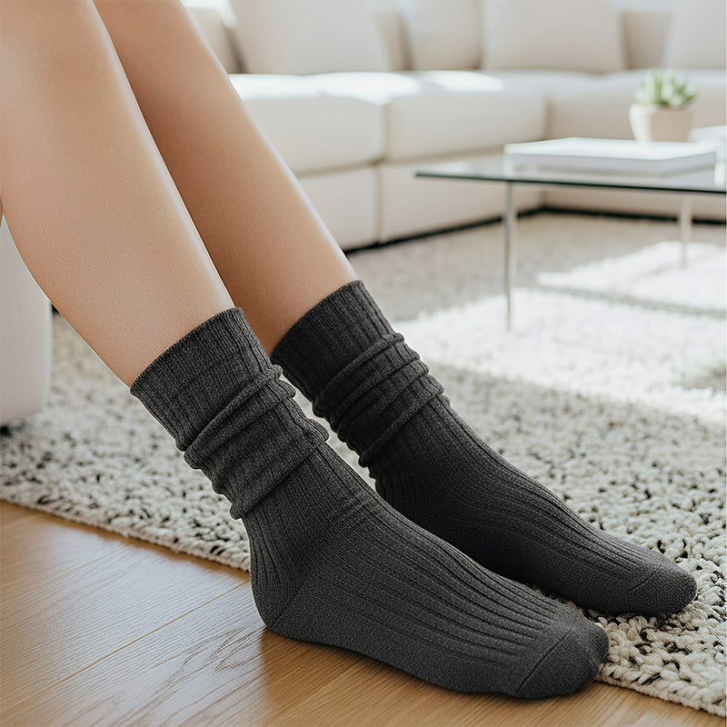 Anyfootwear 5 Pairs One Size 36-43 Gray Retro Long Knitted Socks Cotton Autumn Winter Solid Color Women Student Girls
