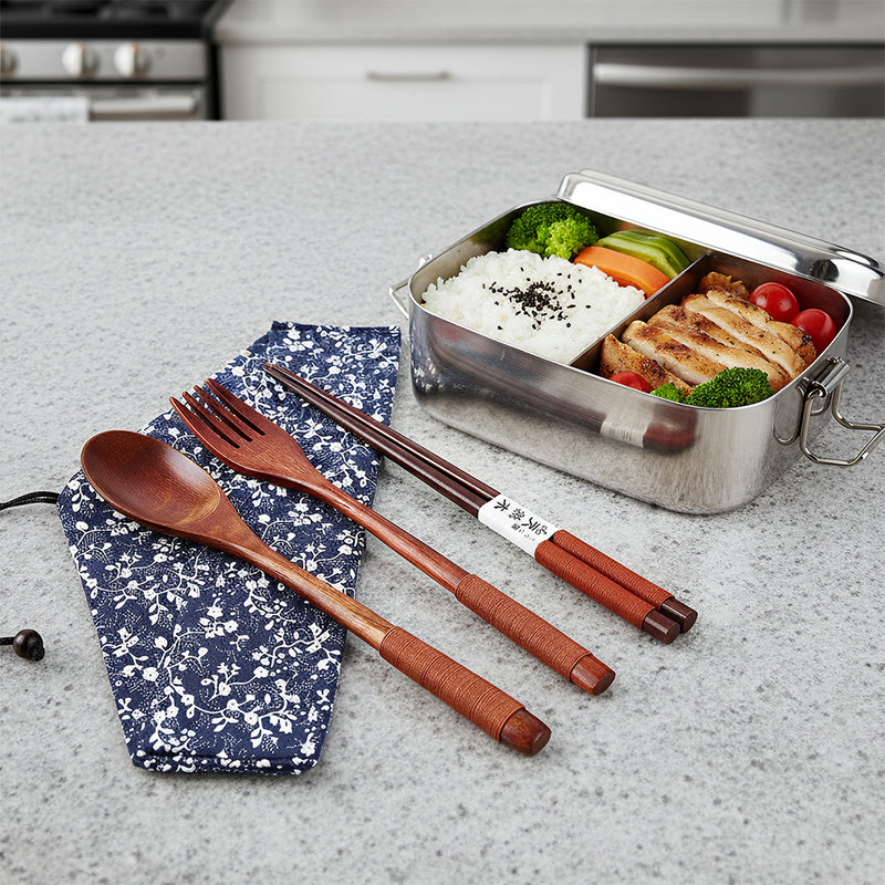 Anygleam 3pcs Orange Blue Pouch Set – Wooden Spoon Fork Chopsticks
