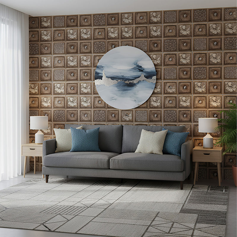 ANYHOUZ 10pcs Vinyl Wall Tile Brown Floral Sun Pattern Waterproof