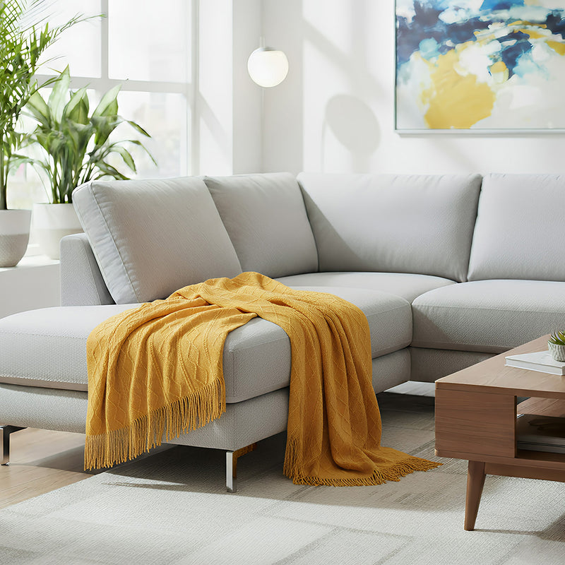 Anycozy Yellow Throw Blanket Knit Plaid Sofa Cover with Tassels 130x230cm